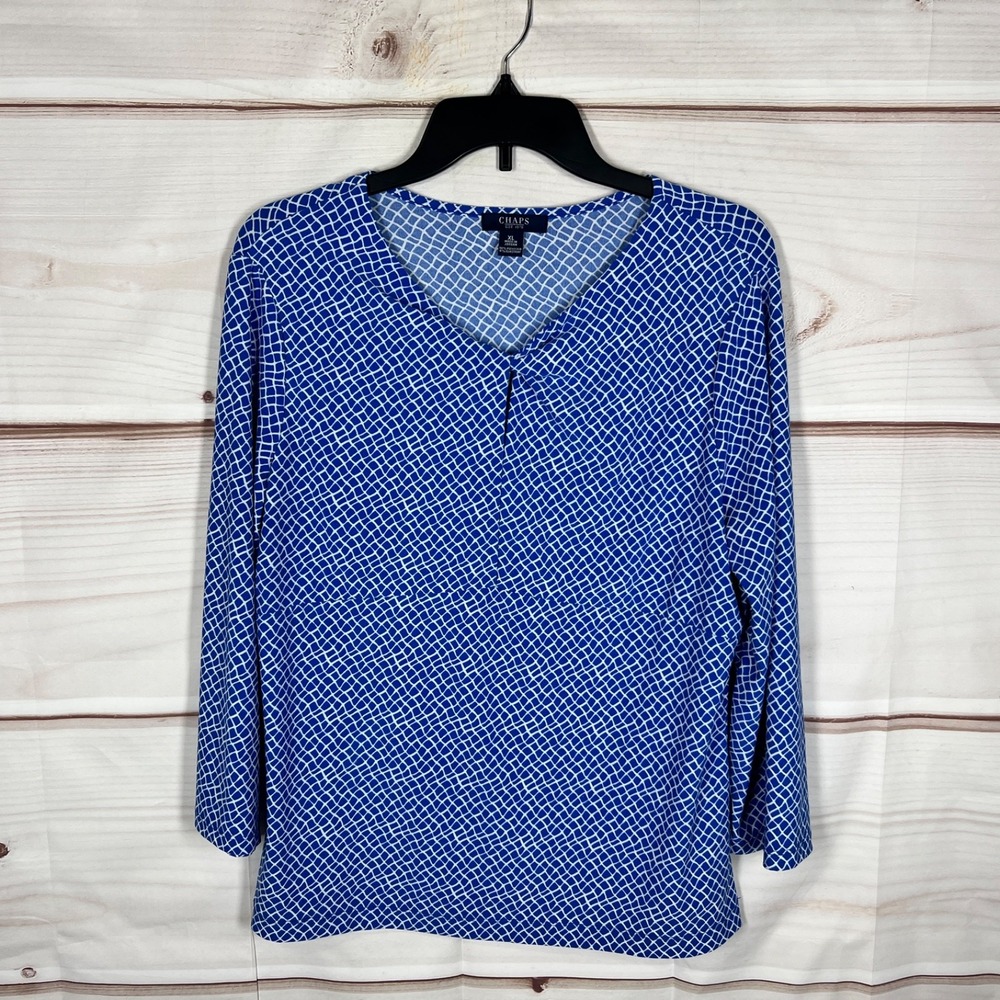 Chaps Top Womens XL Blue Geometric Blouse Knit Keyhole Neck 3/4 Sleeve Stretch